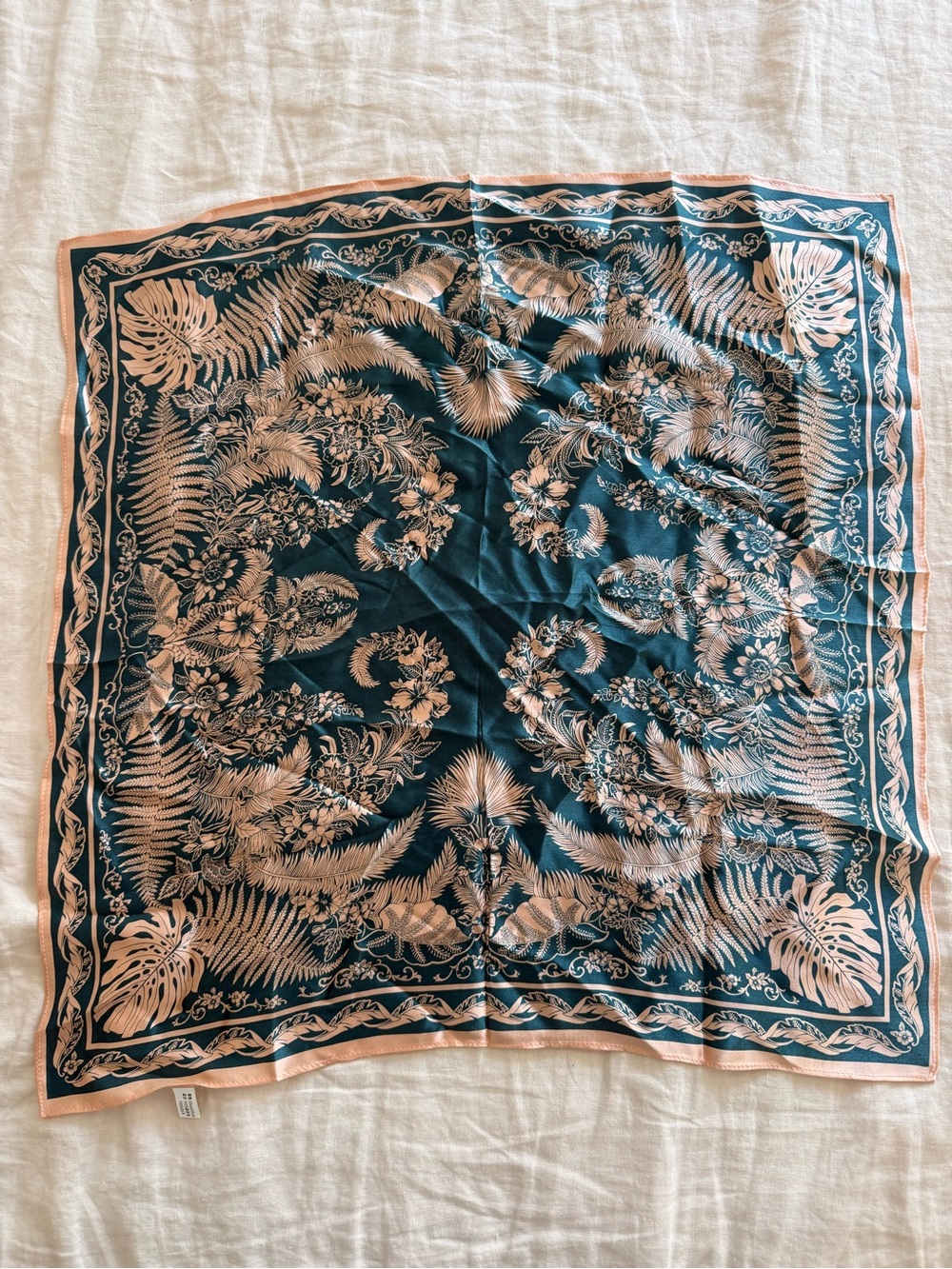 Mulberry Silk print scarf square headscarf pink teal leaf print romantic French - Picture 2 of 5